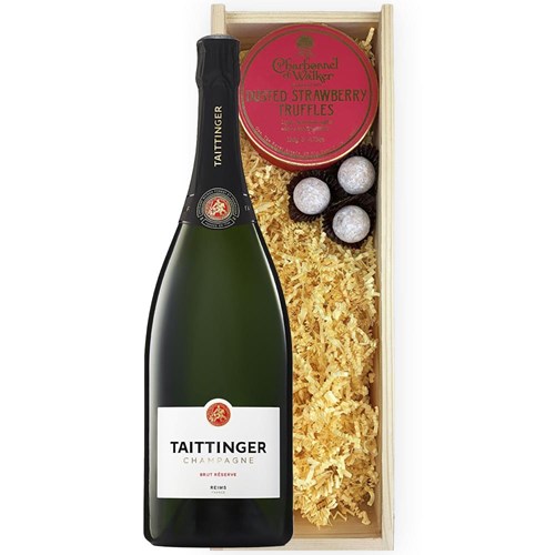Magnum of Taittinger Brut Champagne 150cl And Strawberry Charbonnel Truffles Magnum Box